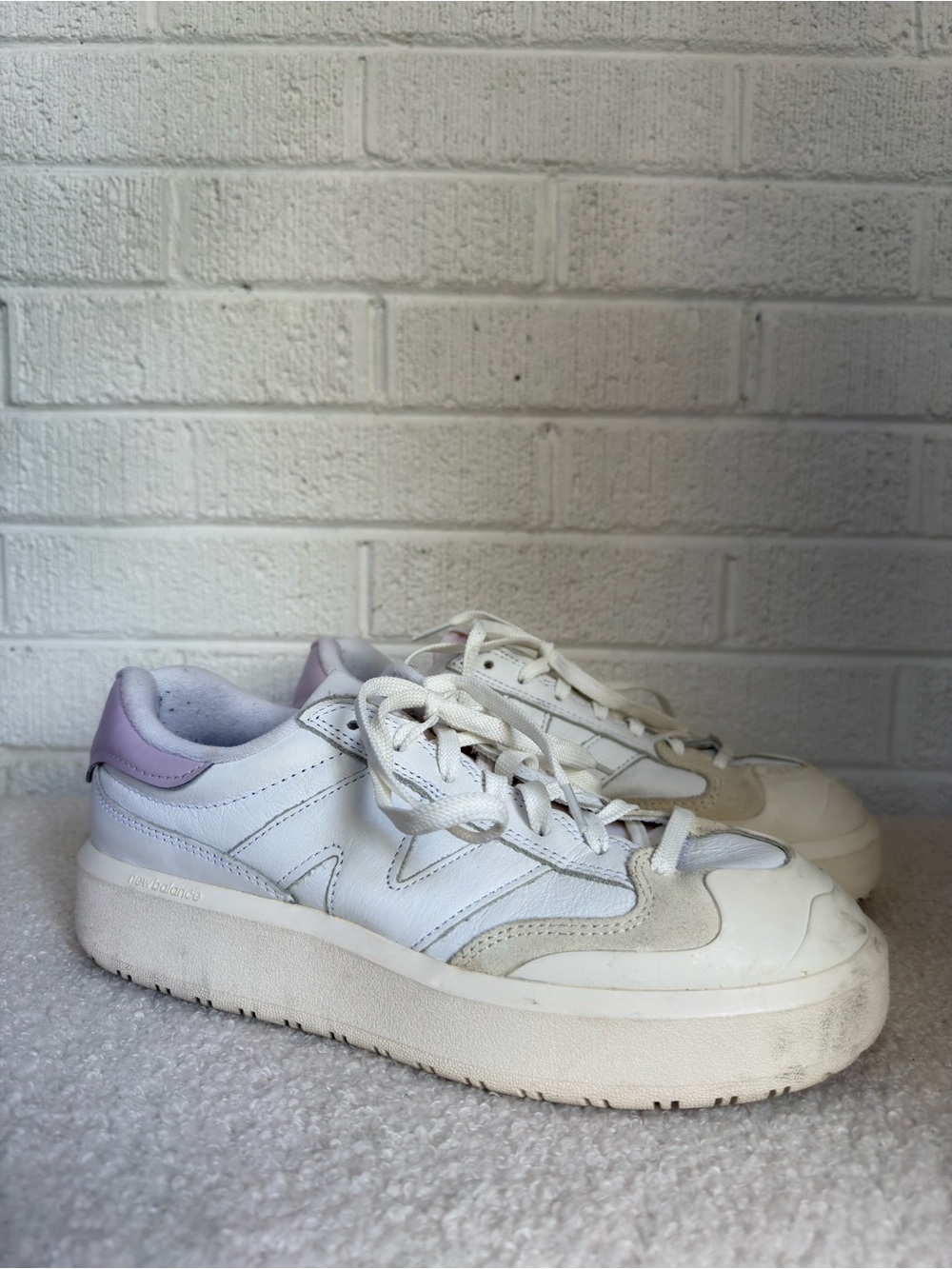 New Balance CT302 White Calf Leather Platform Sneakers with Lilac Heel Accent
